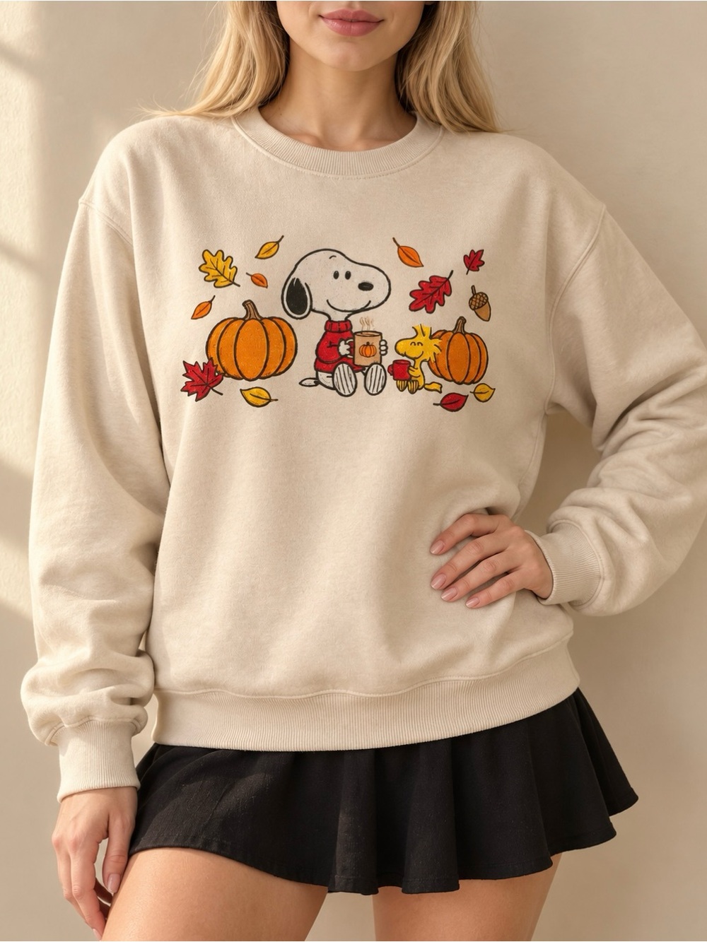 Peanuts Snoopy Fall Pumpkins Beige Cozy Autumn Aesthetic Gildan Sweatshirt